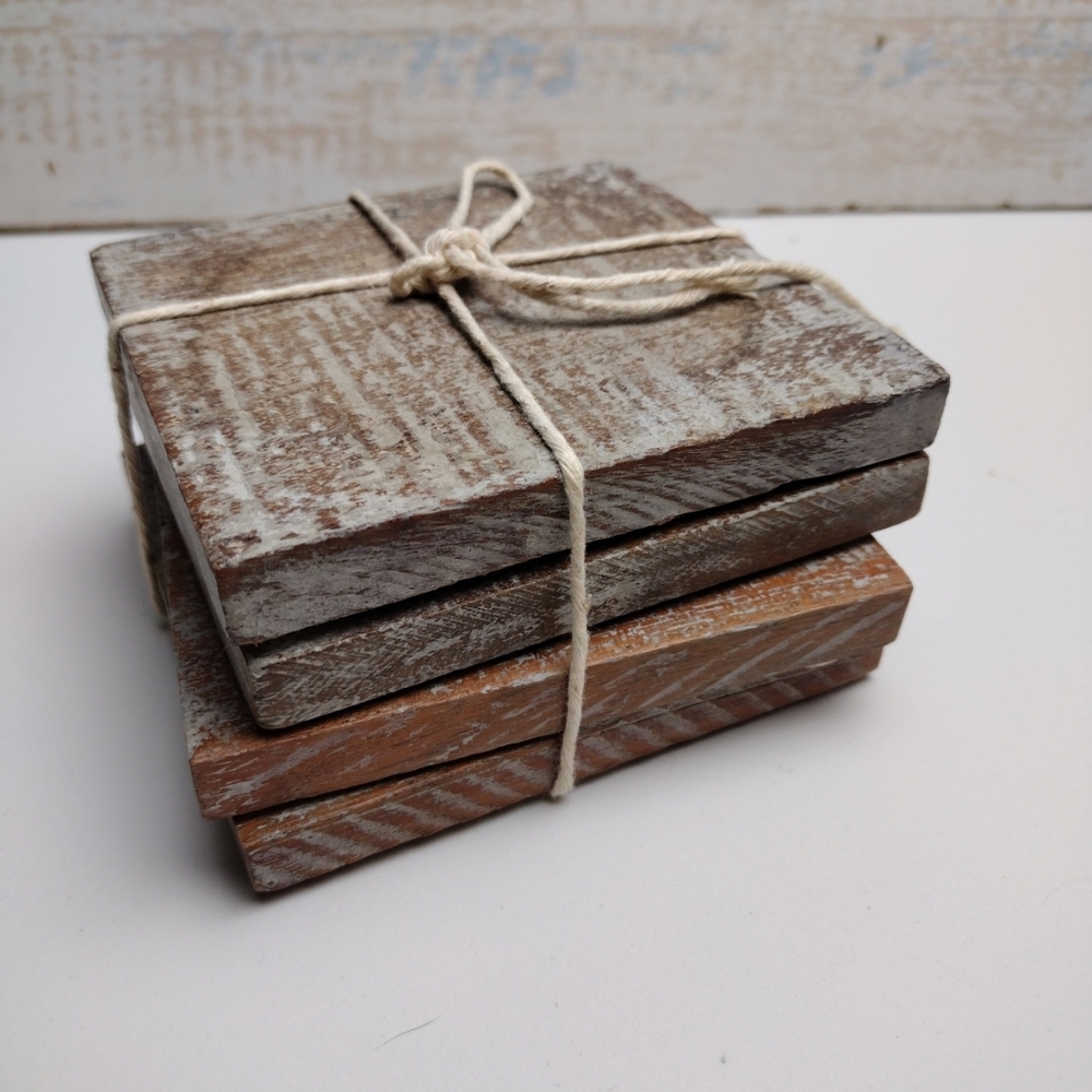 Wooden Drink Coasters Rustic Farmhouse Chippy Distressed Square Crude Set Of 4